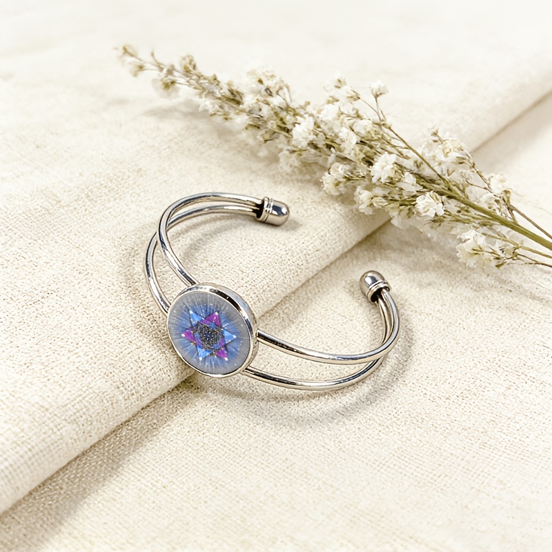 Adjustable Open Bangle with Round Time Gemstone Inlay, Hexagram Design